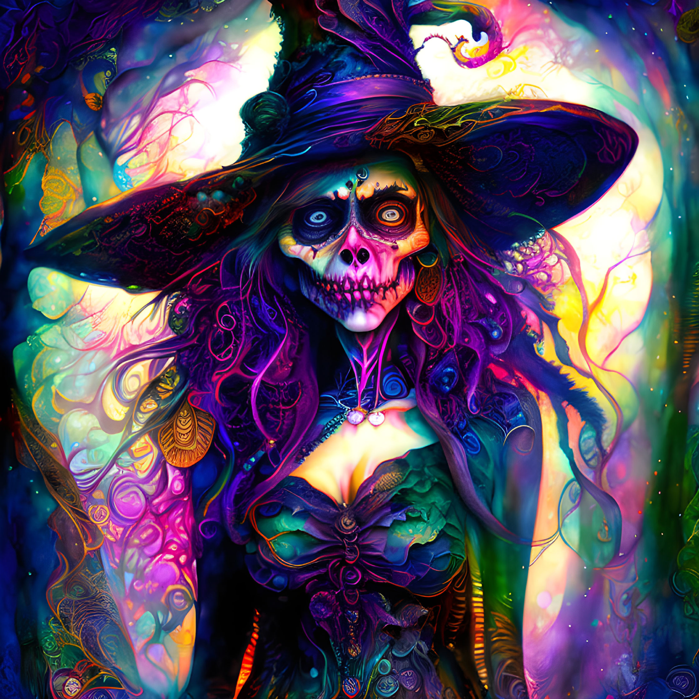 Colorful skeletal witch illustration with intricate attire on swirling background