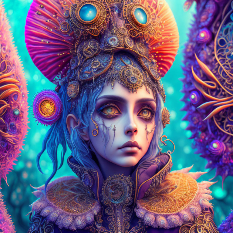 Colorful digital artwork of female figure in ornate attire