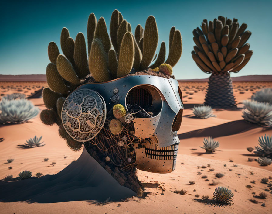 Metallic skull buried in desert sand with cacti under clear blue sky