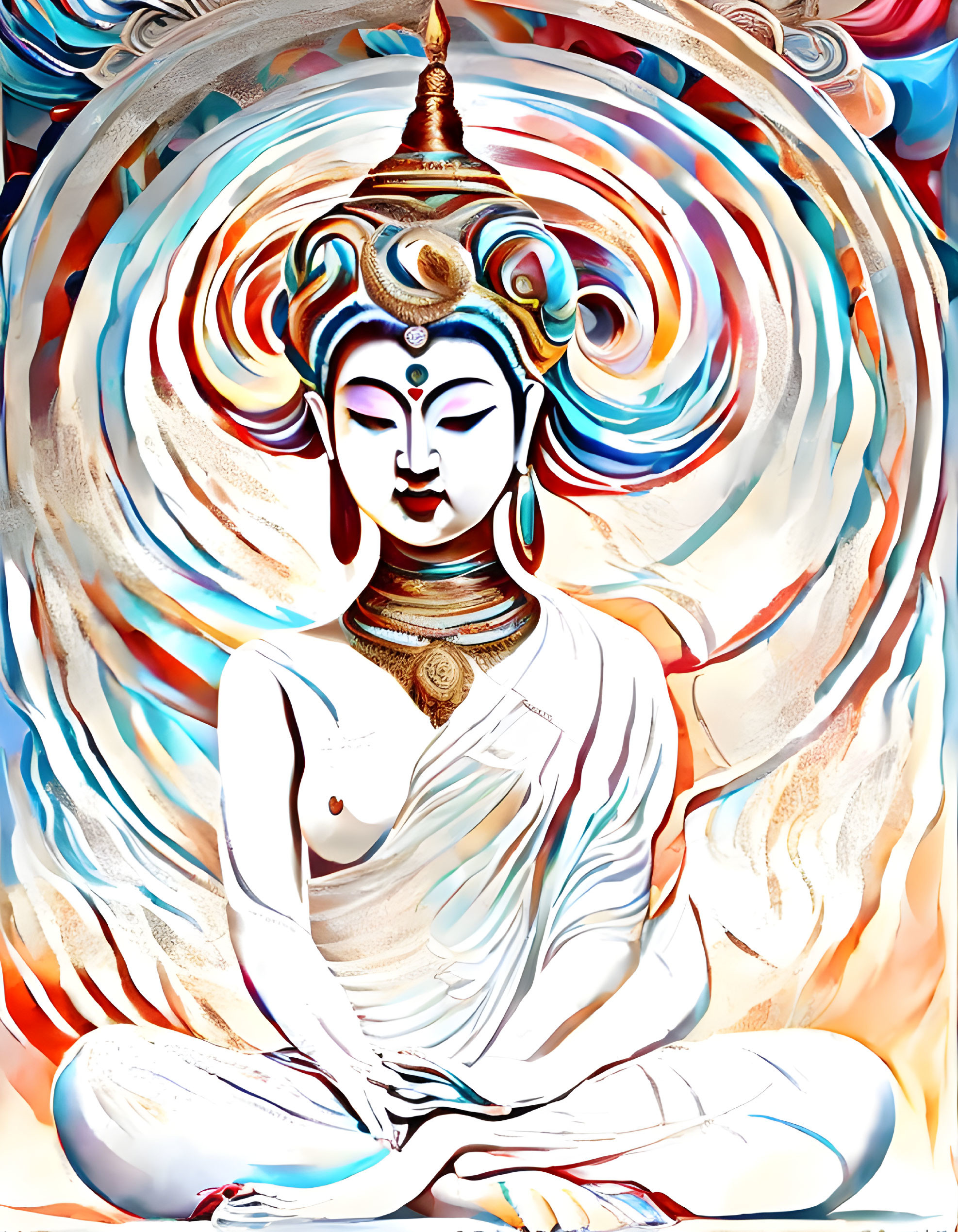 Colorful Abstract Illustration of Meditating Figure in White Robes