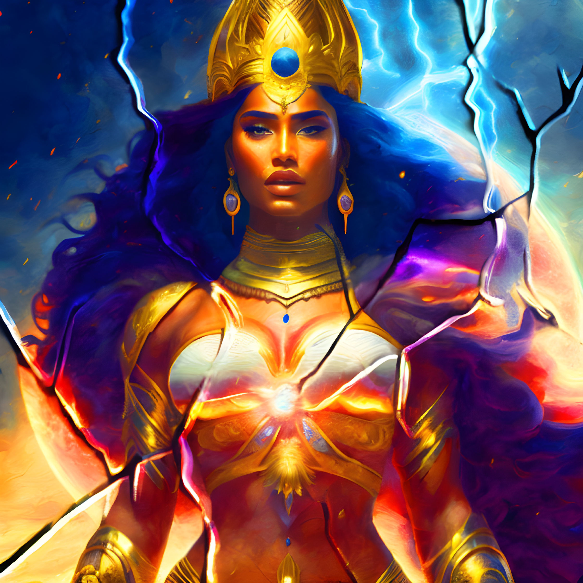 Majestic warrior queen in golden crown and armor engulfed in flames