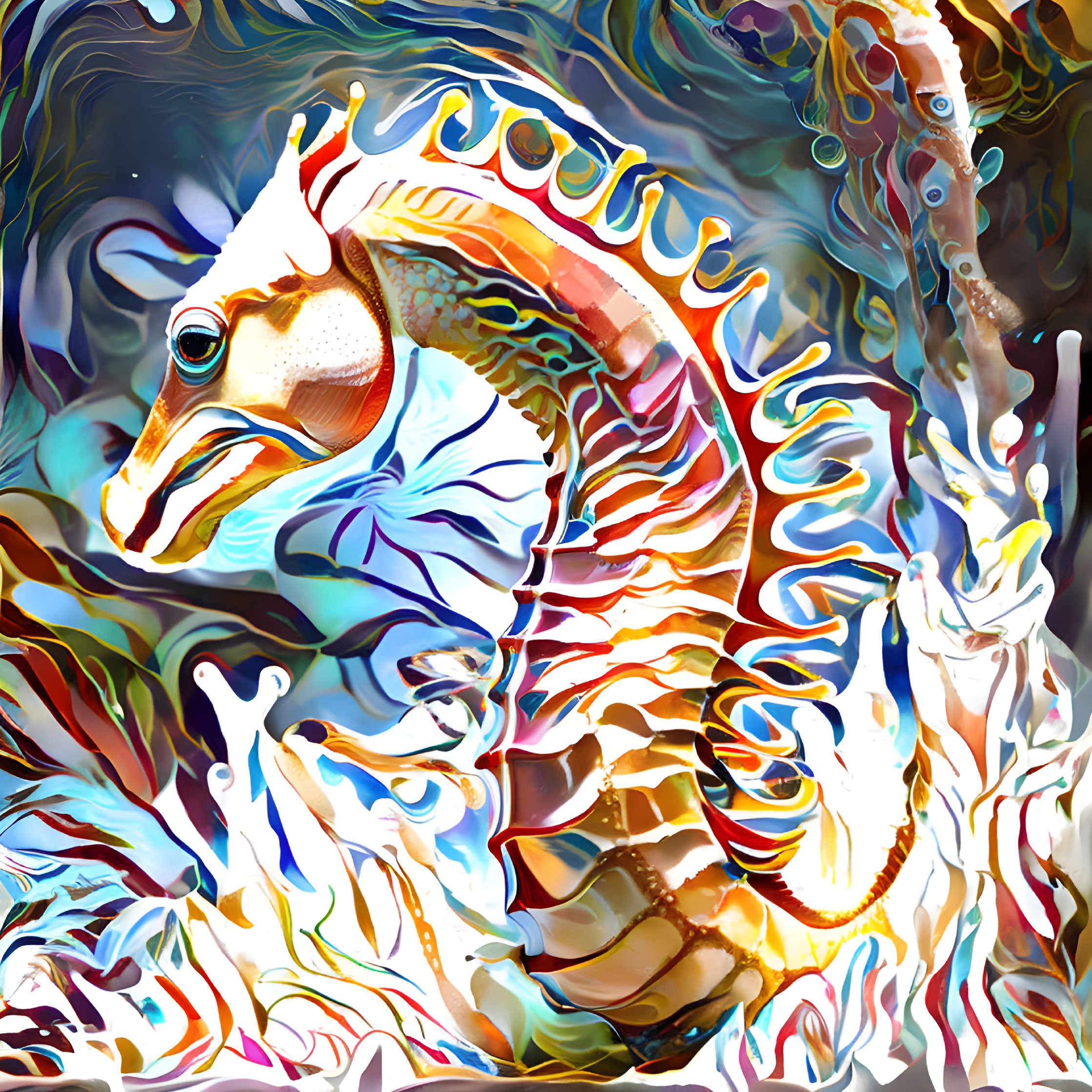 Colorful Abstract Seahorse Art in Swirling Underwater Scene