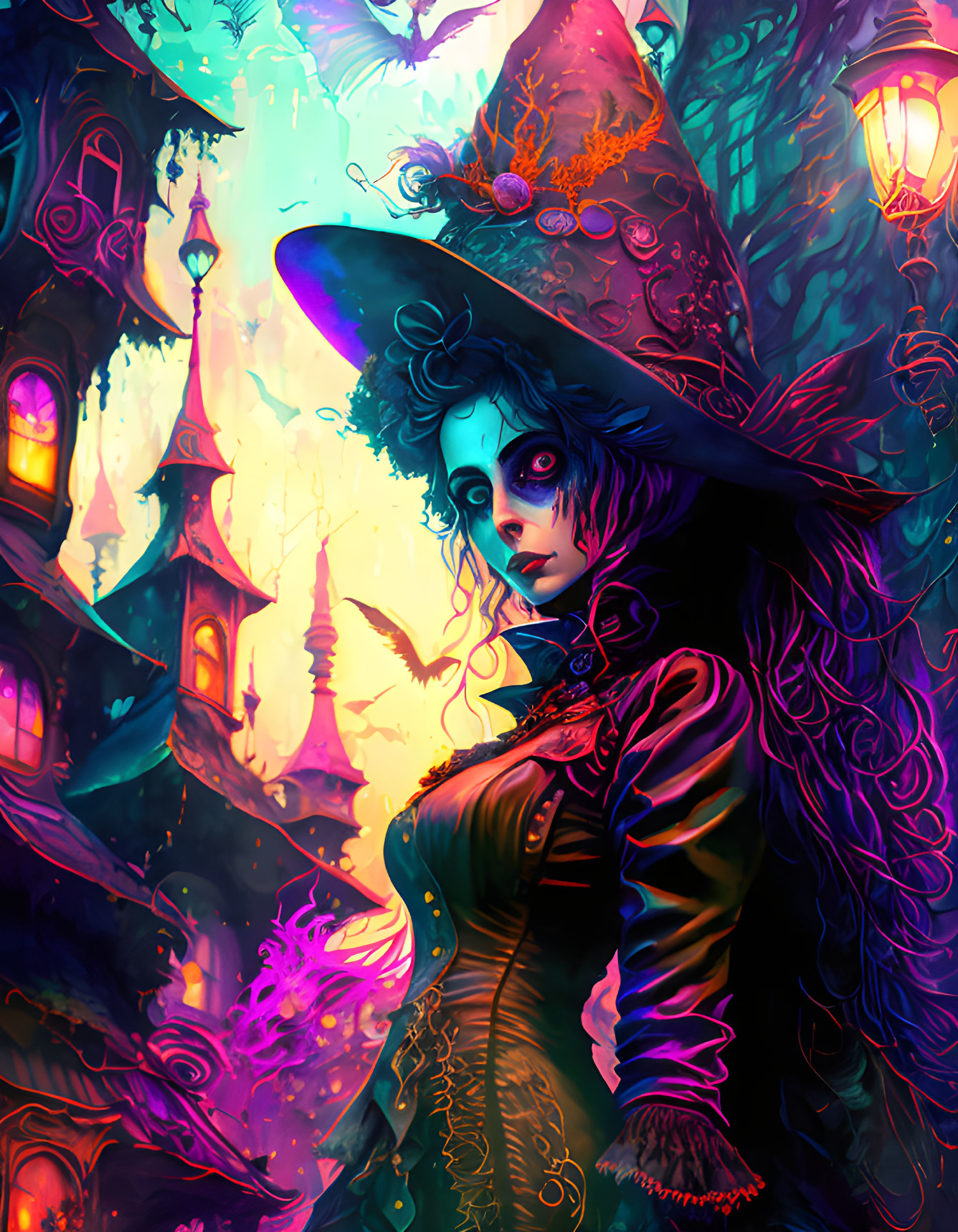 Stylized witch illustration with mystical aura in eerie fantasy townscape