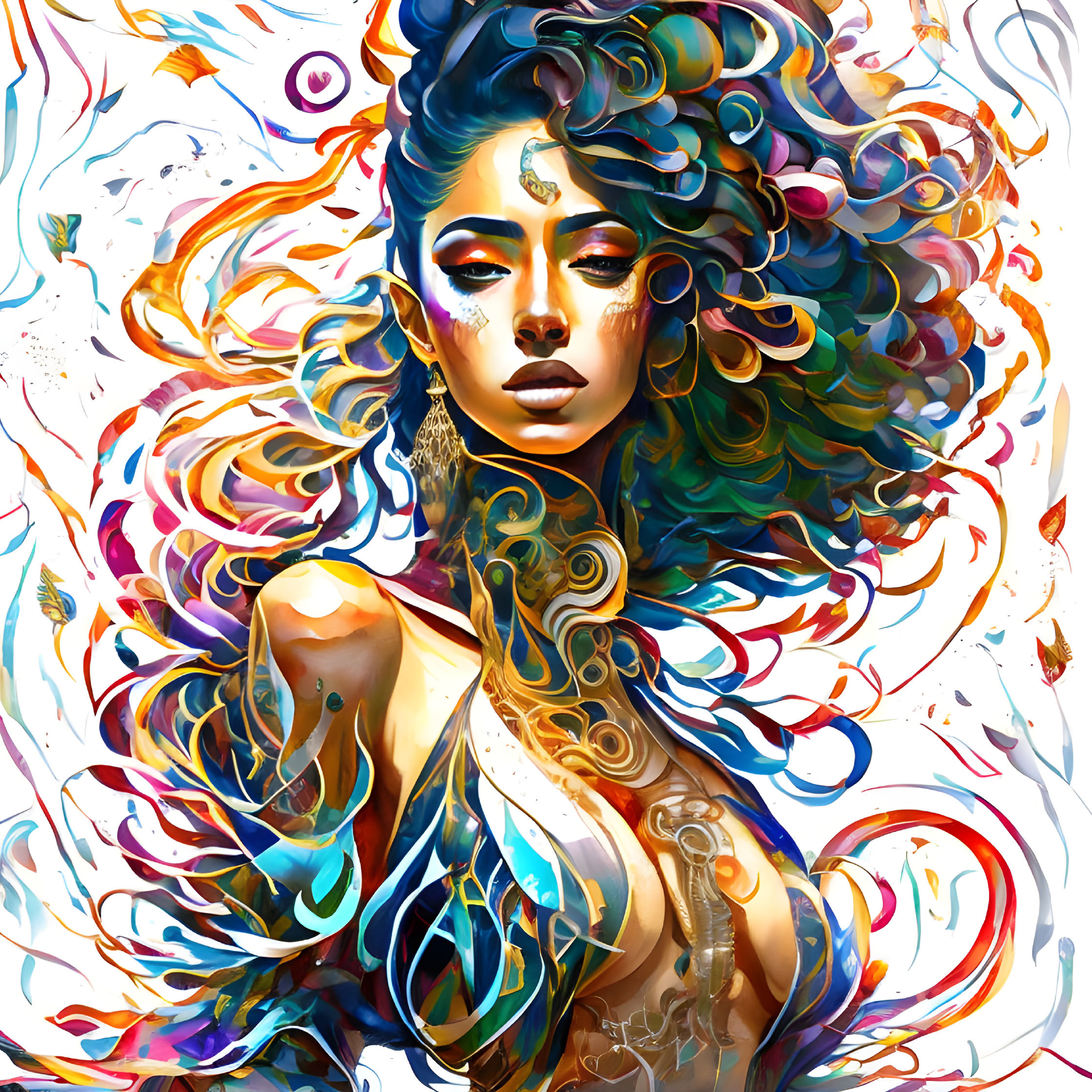 Colorful artwork: Woman with swirling hair and abstract patterns on splattered paint backdrop