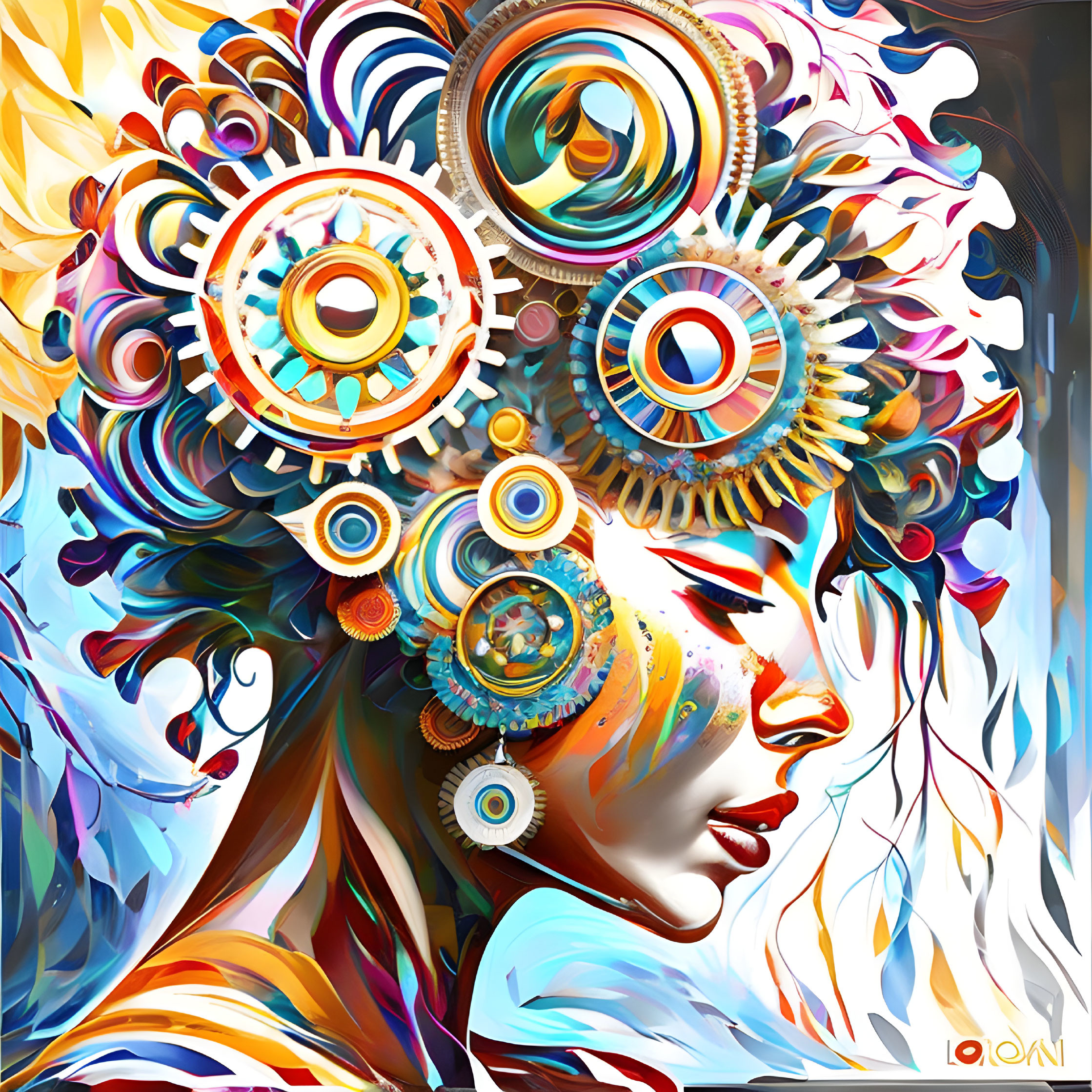 Colorful Abstract Digital Art of Woman with Mechanical Gears in Hair