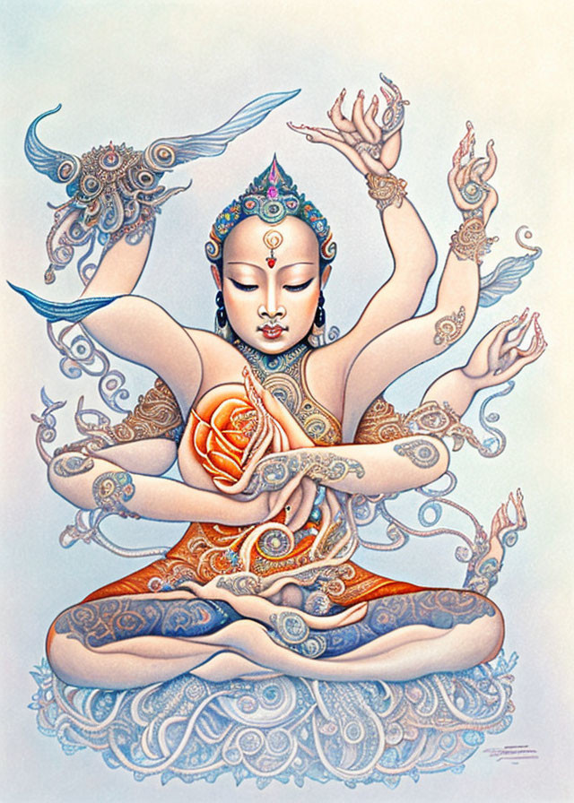 Vibrant deity illustration in meditation with lotus and peacocks