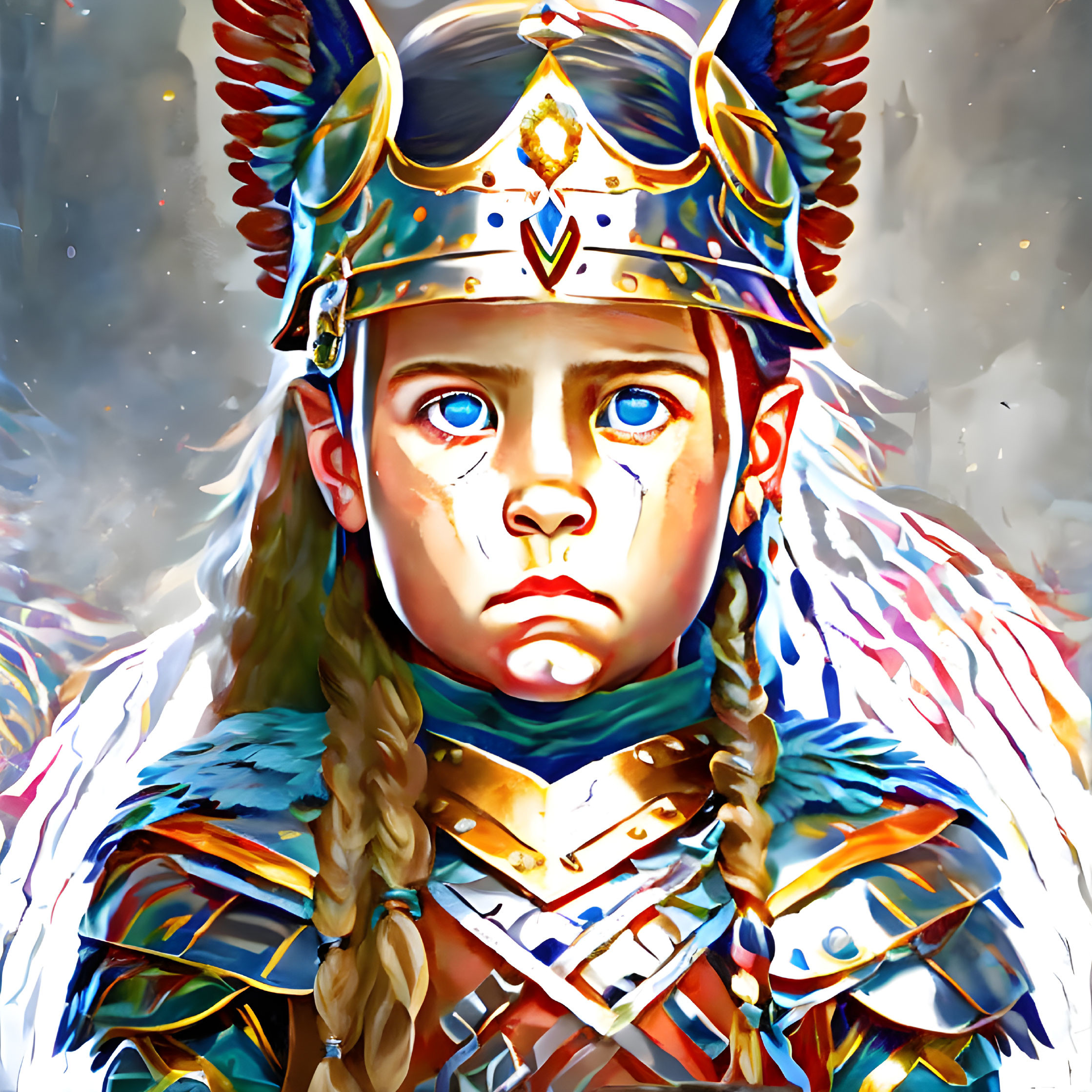 Young girl in fantasy warrior armor with blue eyes, feathers, and jewels against textured background