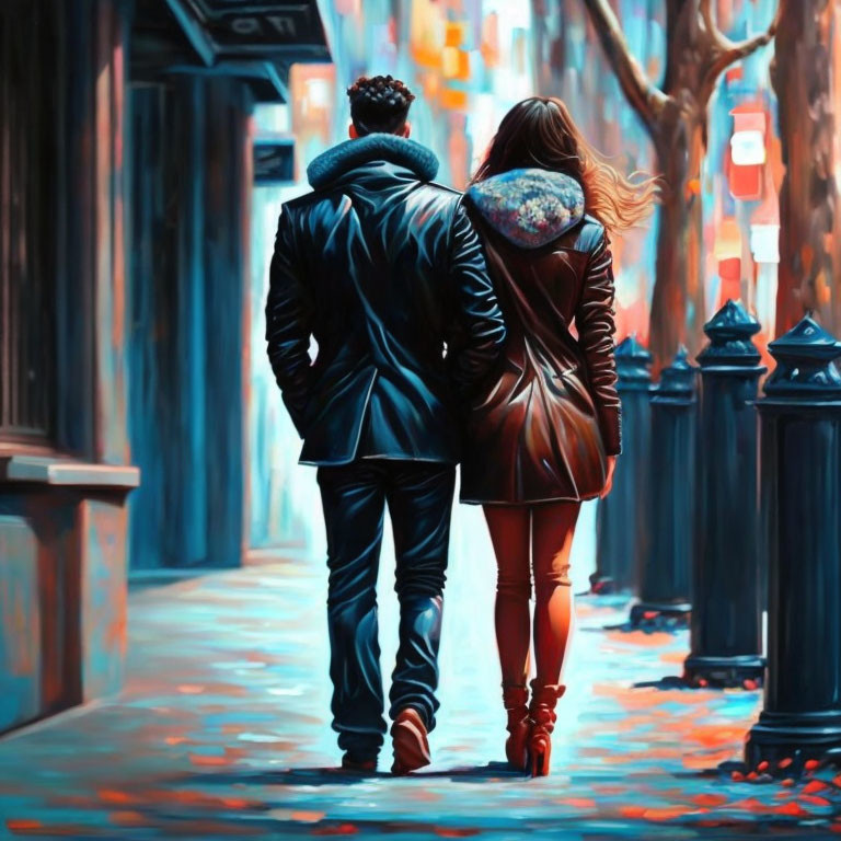 Couple walking in vivid blue and orange cityscape