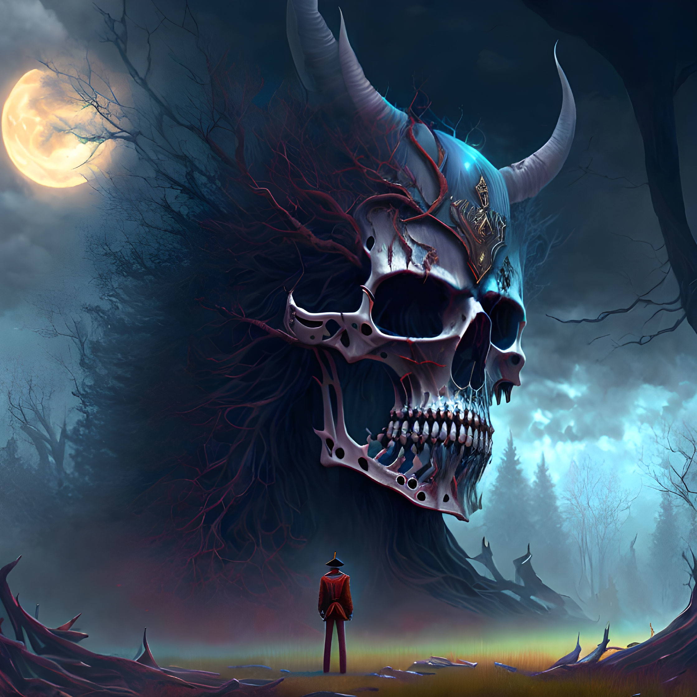 Person in Red Jacket Faces Giant Skull in Dark Forest Under Full Moon