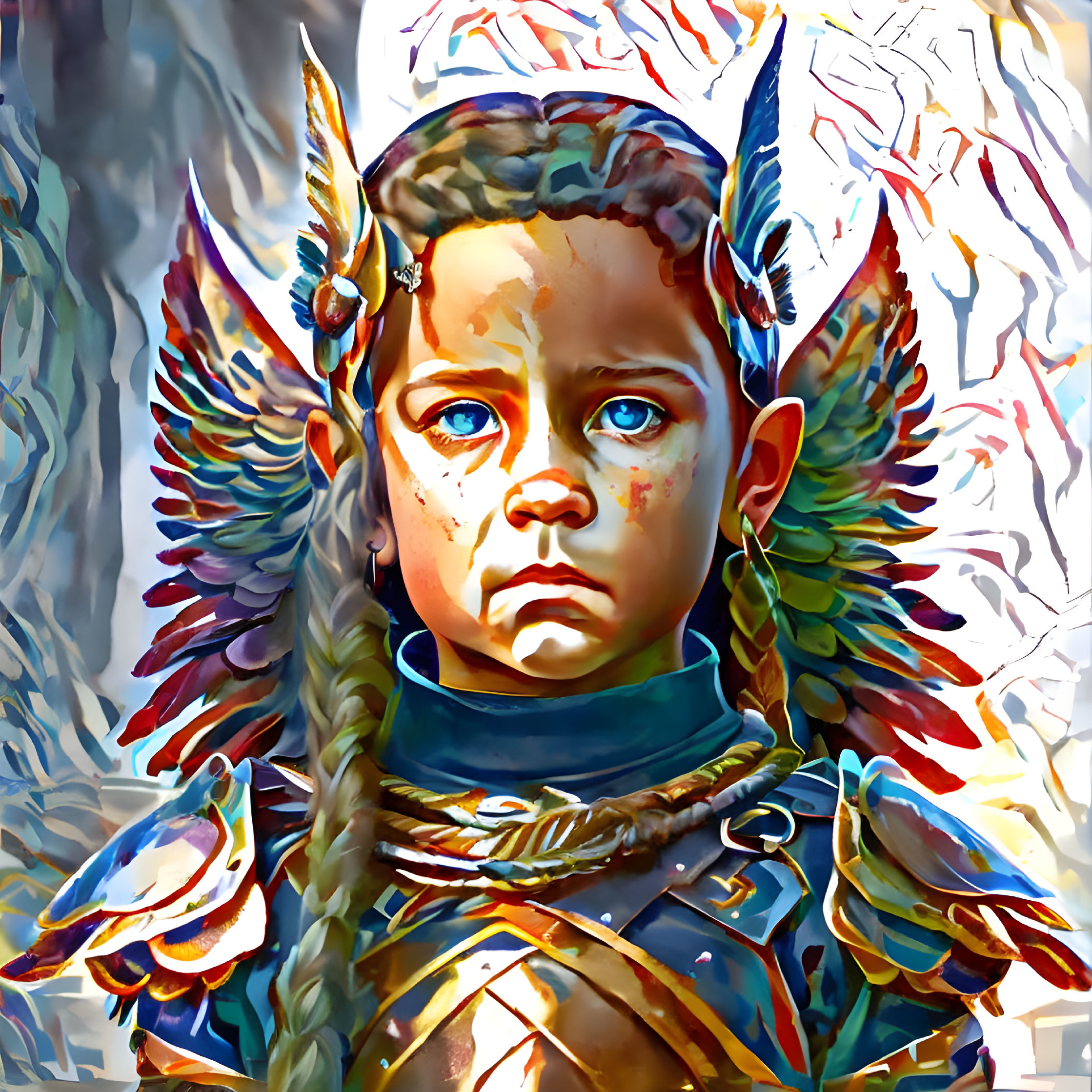 Colorful digital artwork of child with blue eyes in tribal warrior theme