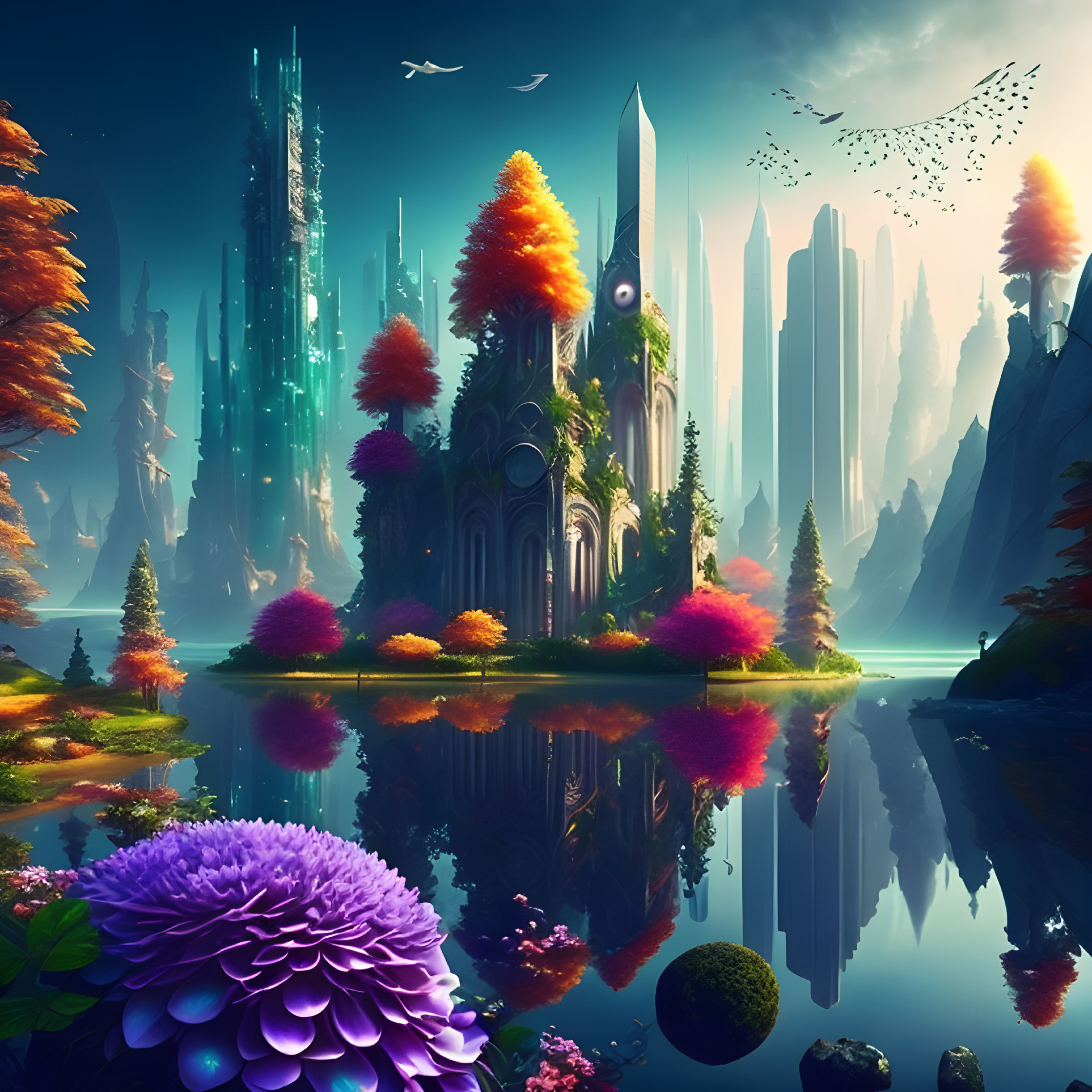 Vibrant flora, reflective water, and crystalline structures in twilight landscape