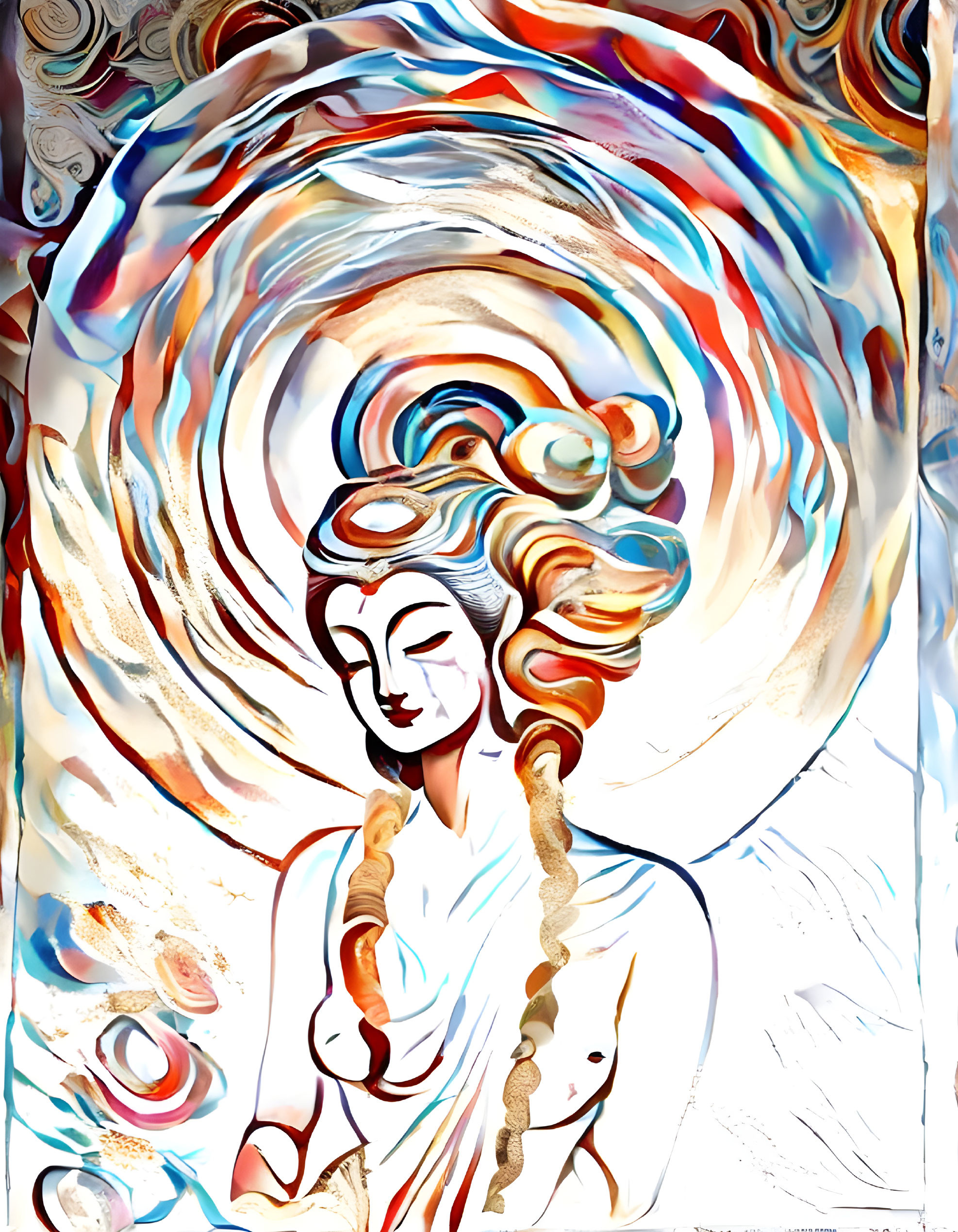 Abstract digital artwork of serene figure in dynamic colors