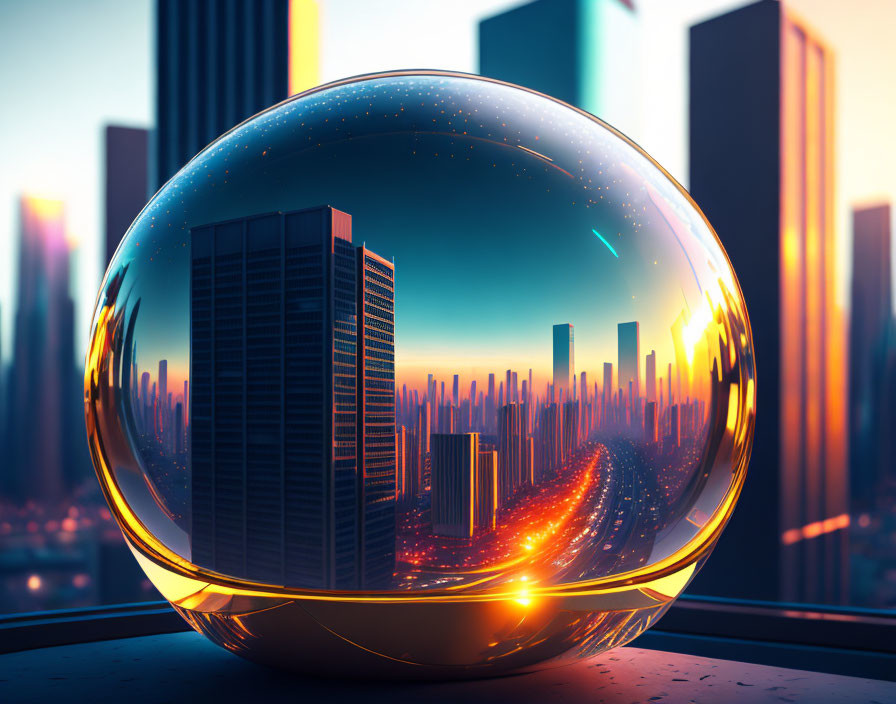 Futuristic cityscape reflected in glowing glass sphere at sunset