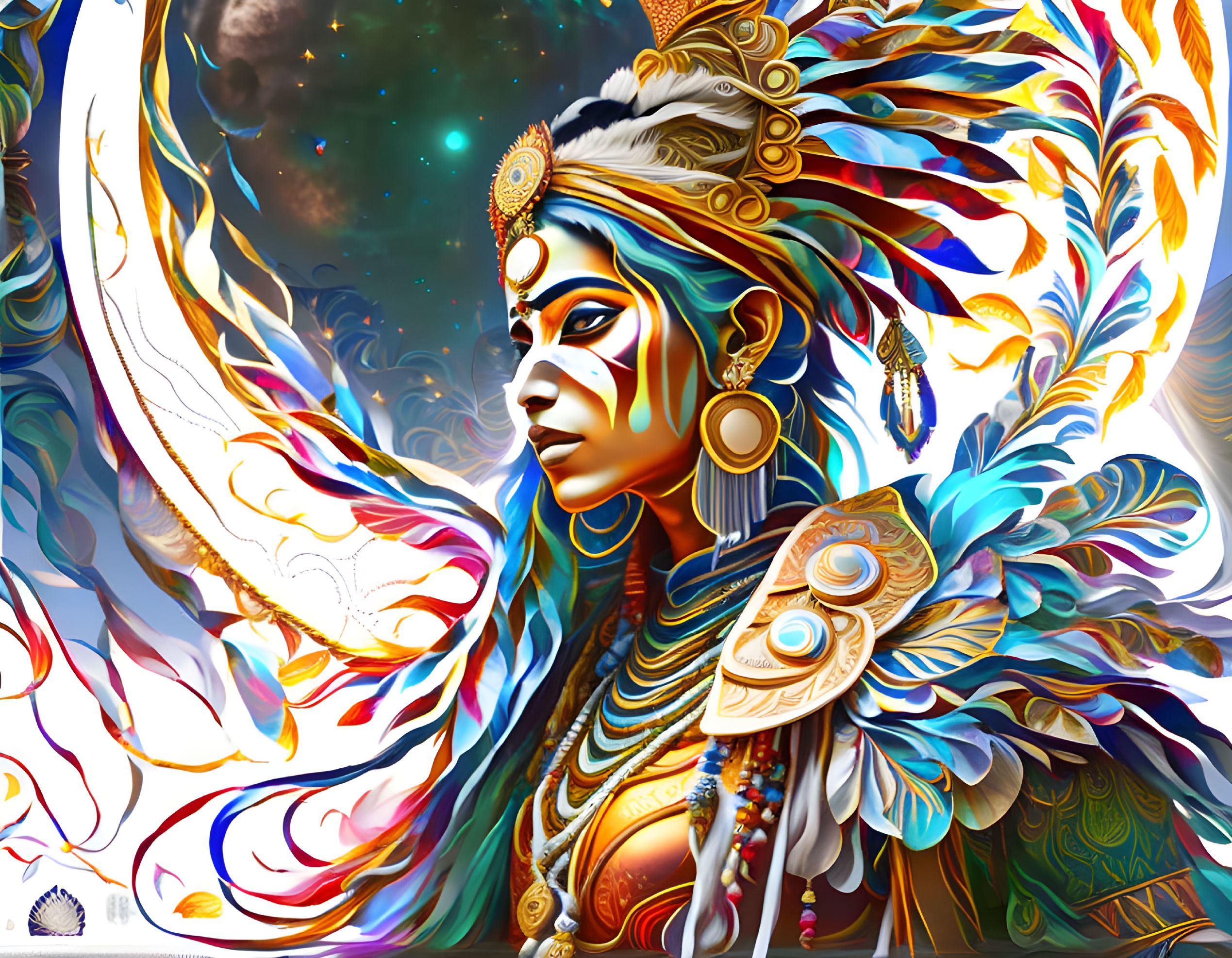 Colorful Woman with Blue Face Paint and Feathered Headdress in Cosmic Setting