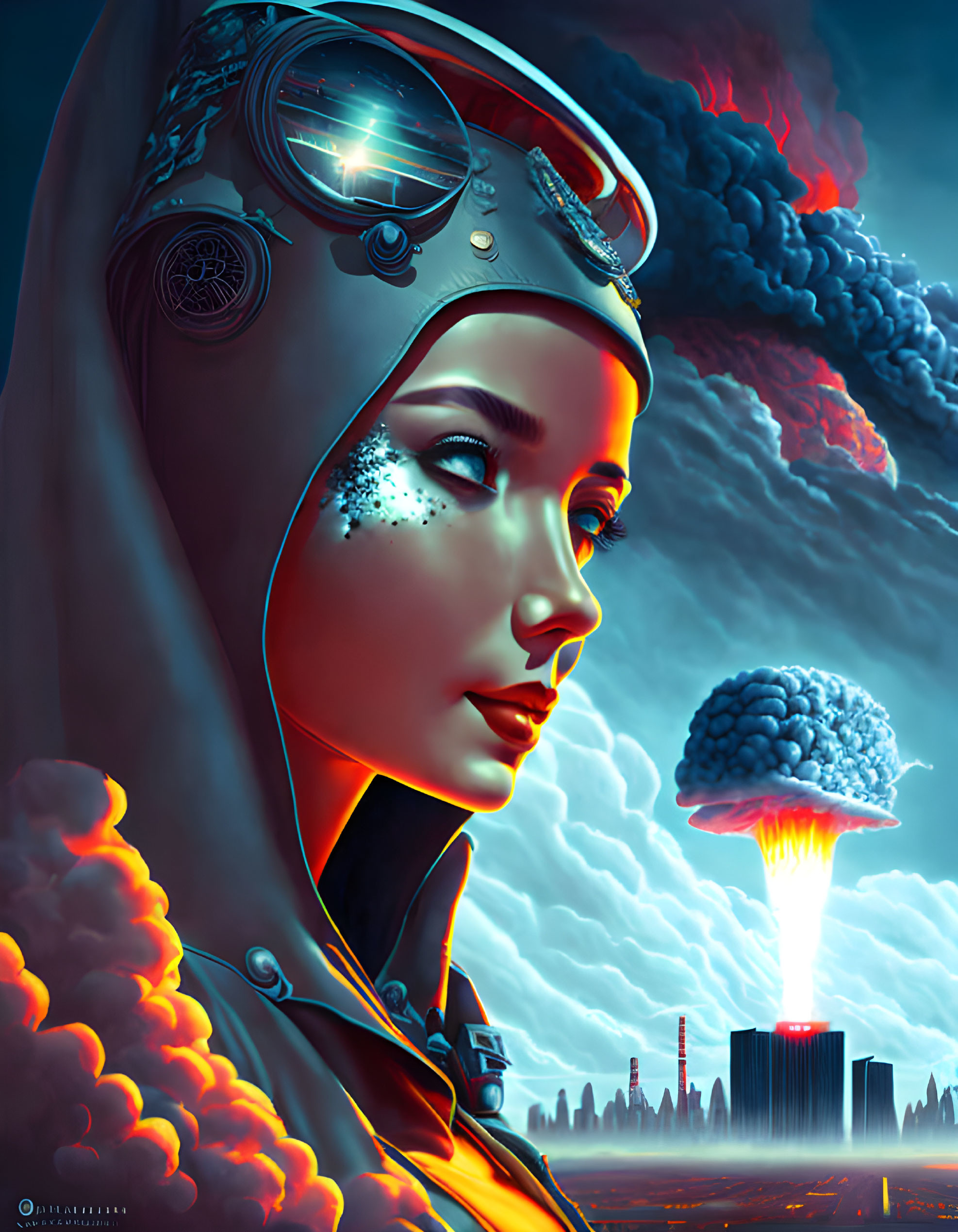 Illustration of woman with aviator goggles and mushroom cloud in dramatic sky