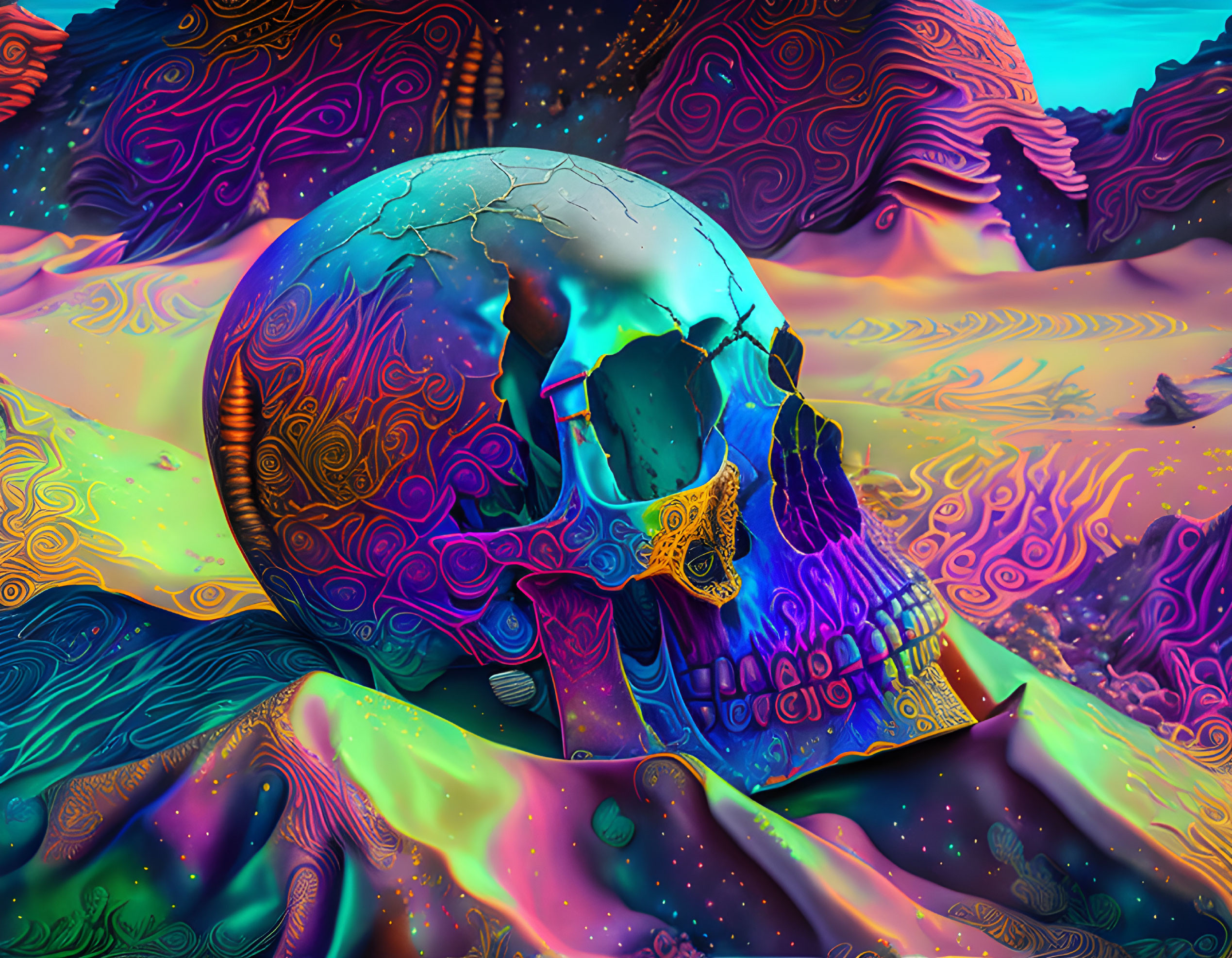 Psychedelic cracked skull art on vibrant landscape