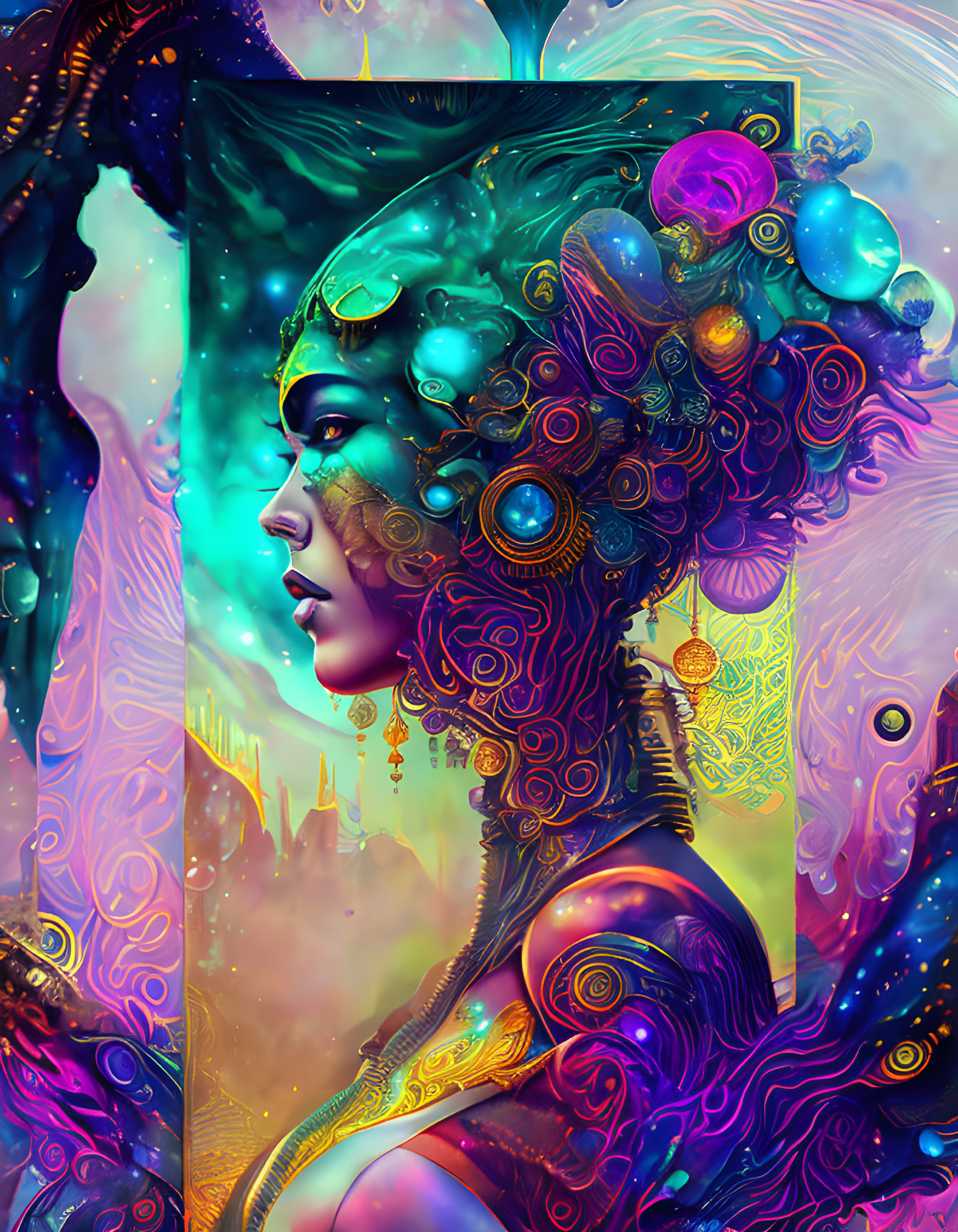 Vibrant Digital Art: Woman with Ornate Headgear in Cosmic Motifs