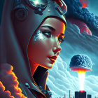 Illustration of woman with aviator goggles and mushroom cloud in dramatic sky