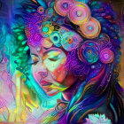 Colorful digital artwork: Woman's profile with cosmic and mechanical motifs