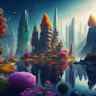 Vibrant flora, reflective water, and crystalline structures in twilight landscape