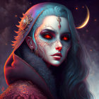 Fantasy illustration of pale woman with red eyes and intricate facial markings, accompanied by cat with matching eyes