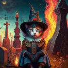 Illustrated cat in witch's hat and blue dress in mystical graveyard scene