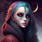 Fantasy art: Woman with red eyes, face jewelry, hood, cosmic background.