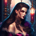 Gothic vampire woman with rose in ornate setting