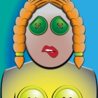 Stylized portrait of woman with green eyeshadow, yellow headphones, and sunglasses on blue background