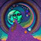 Colorful Psychedelic Art: Woman's Face with Crescent Moon