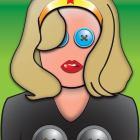 Stylized woman illustration with blonde hair, gold tiara, blue sunglasses, and star-emblem