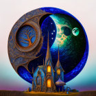 Intricate crescent moon art with luminous castle and starry sky