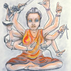 Vibrant deity illustration in meditation with lotus and peacocks