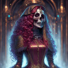 Skeletal-faced figure in regal gown with gold trim and headdress in gothic hall