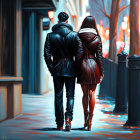 Couple walking in vivid blue and orange cityscape