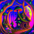 Enchanting fantasy forest with mushroom houses under full moon