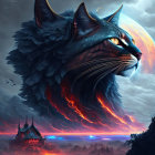 Majestic cosmic cat with glowing eyes in fantasy landscape