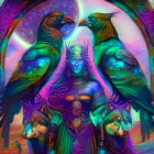 Majestic woman with crown, ravens, wolves in cosmic scene