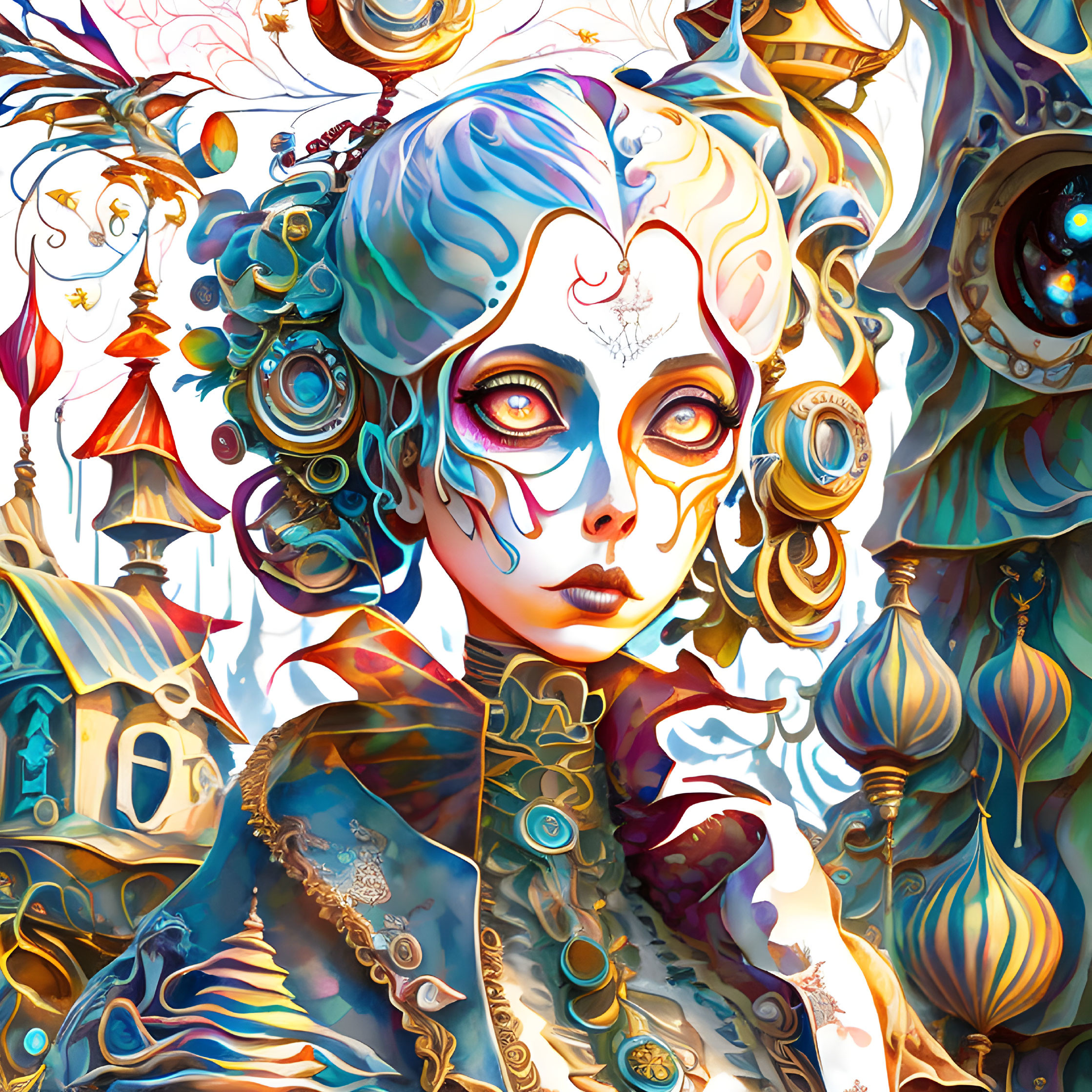 Vibrant surrealist art: female figure, intricate patterns, mechanical elements