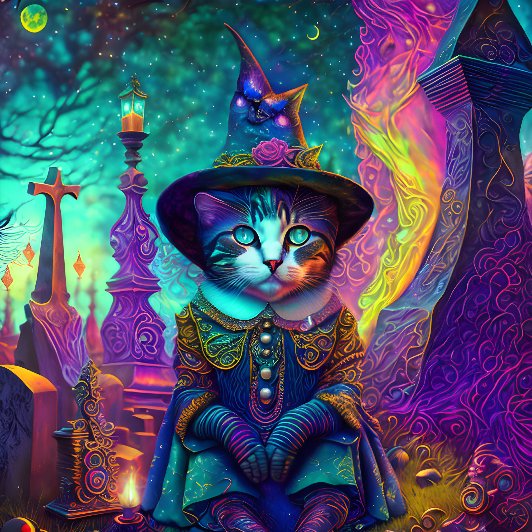 Whimsical cat witch illustration in mystical graveyard