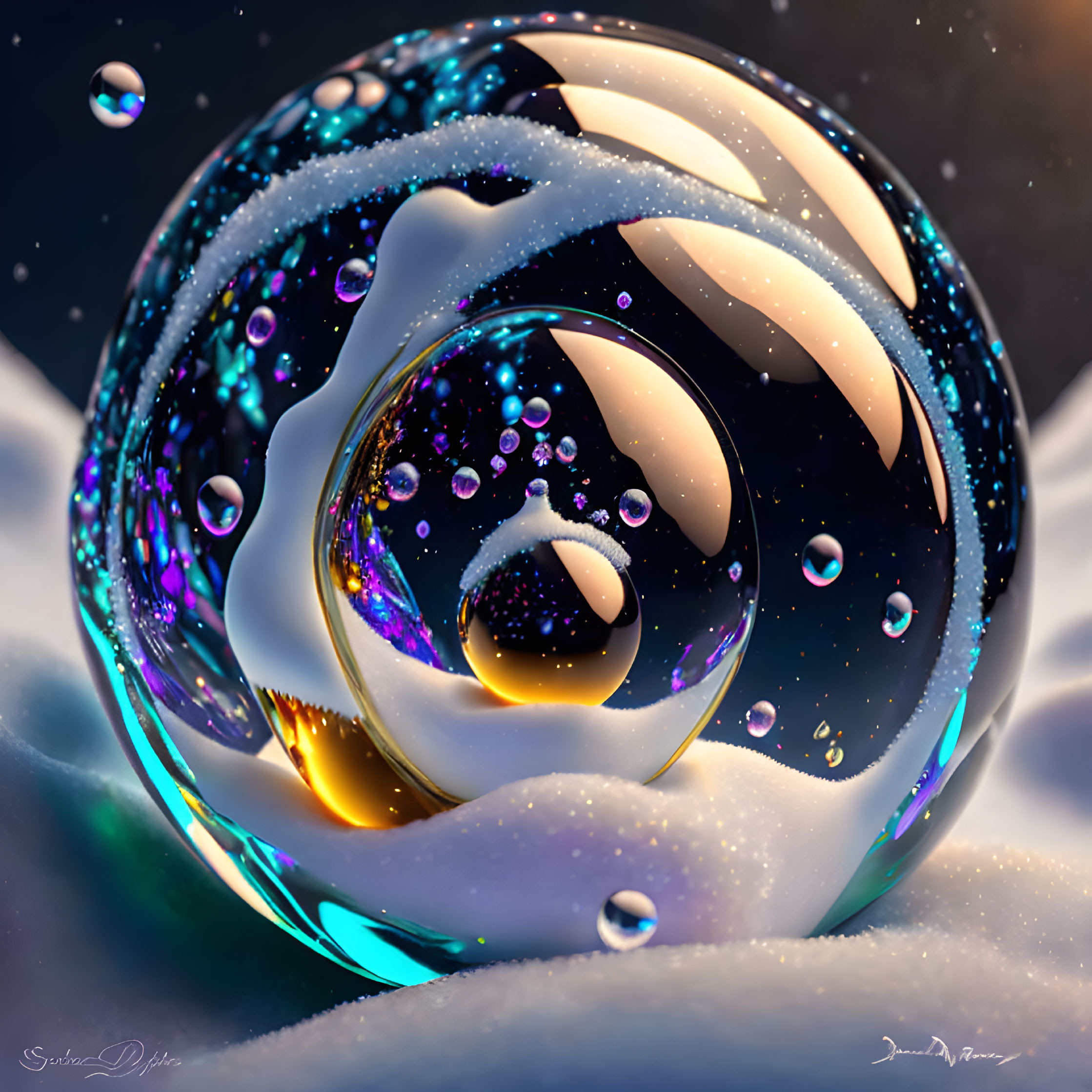 Colorful digital artwork: Glossy sphere on snow with iridescent swirls, bubbles, twilight