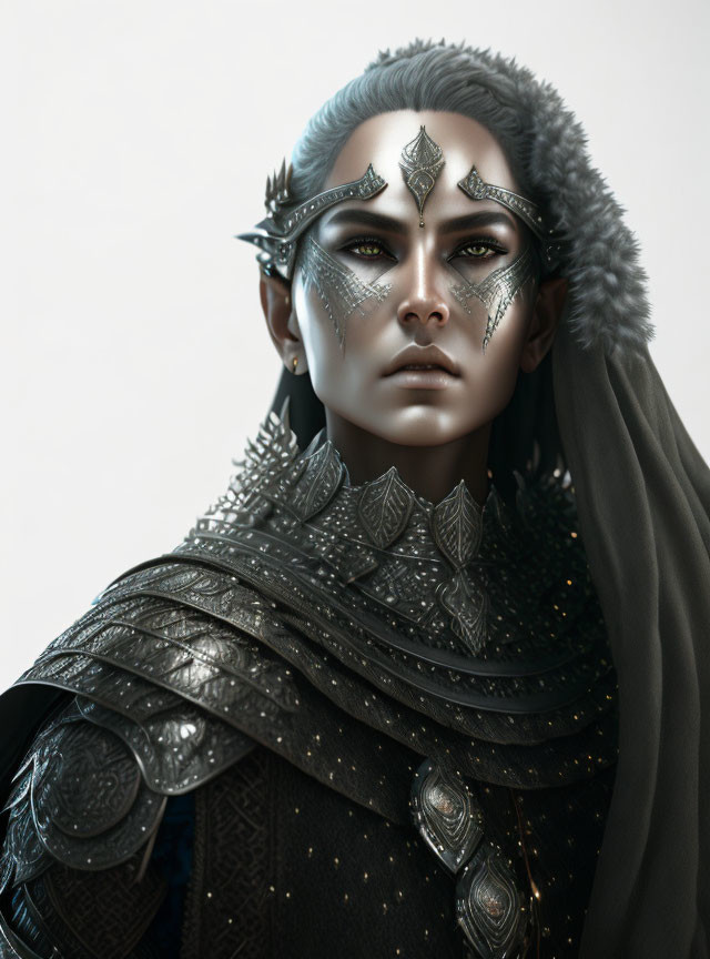 Fantasy character with pale skin, silver facial markings, and dark armor