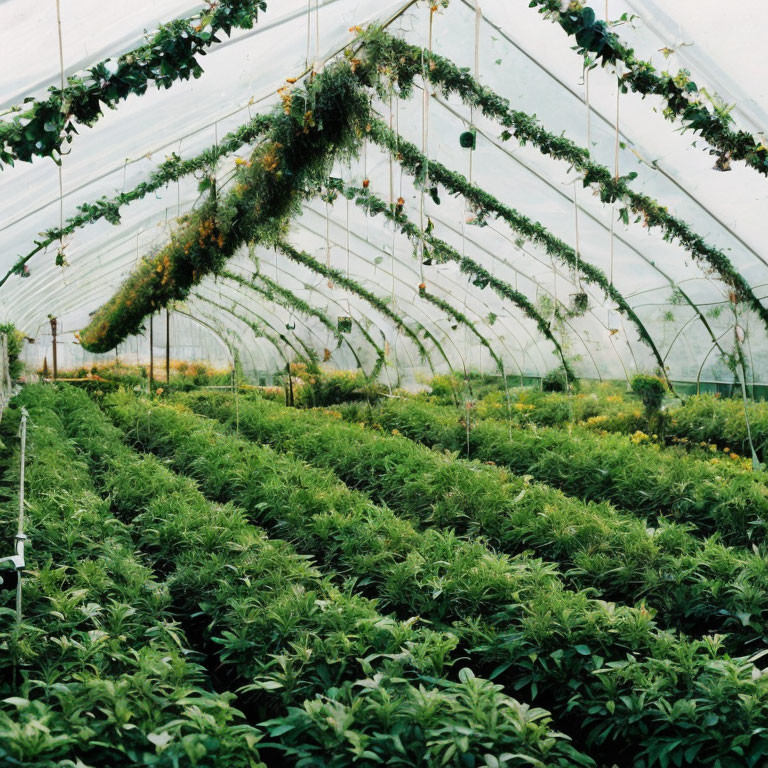 Greenhouse with Arched Translucent Ceiling and Rows of Plants