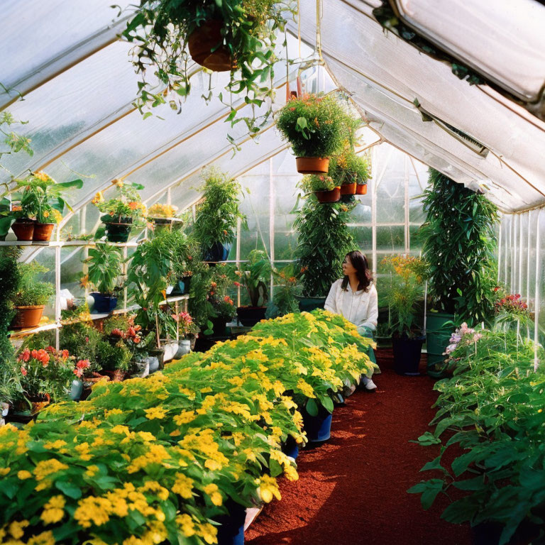 Person surrounded by vibrant flowers in sunlit greenhouse