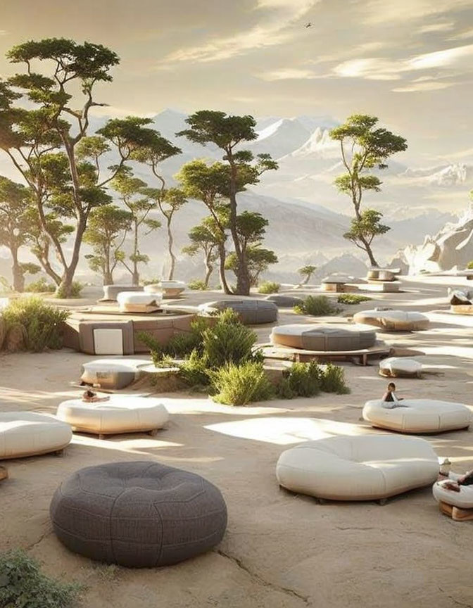 Scenic Outdoor Relaxation Area with Large Cushions and Poufs