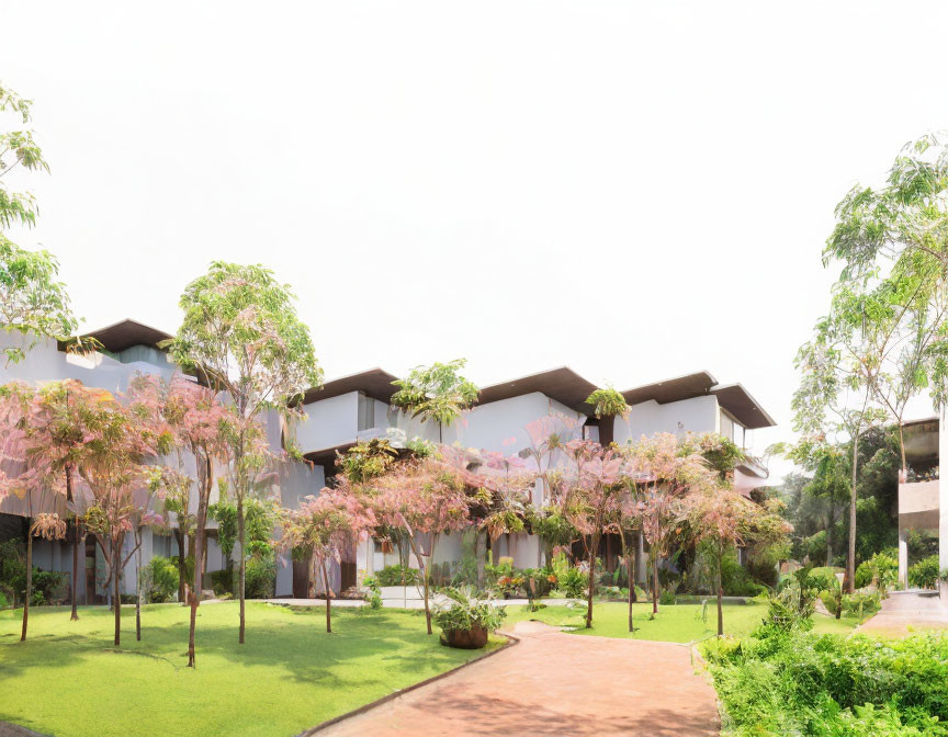 Staggered terraces in modern building with landscaped garden and pink flowering trees.