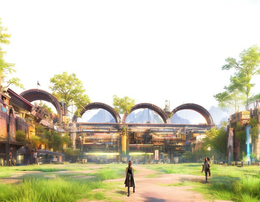 Futuristic cityscape with greenery, arch structures, and people walking