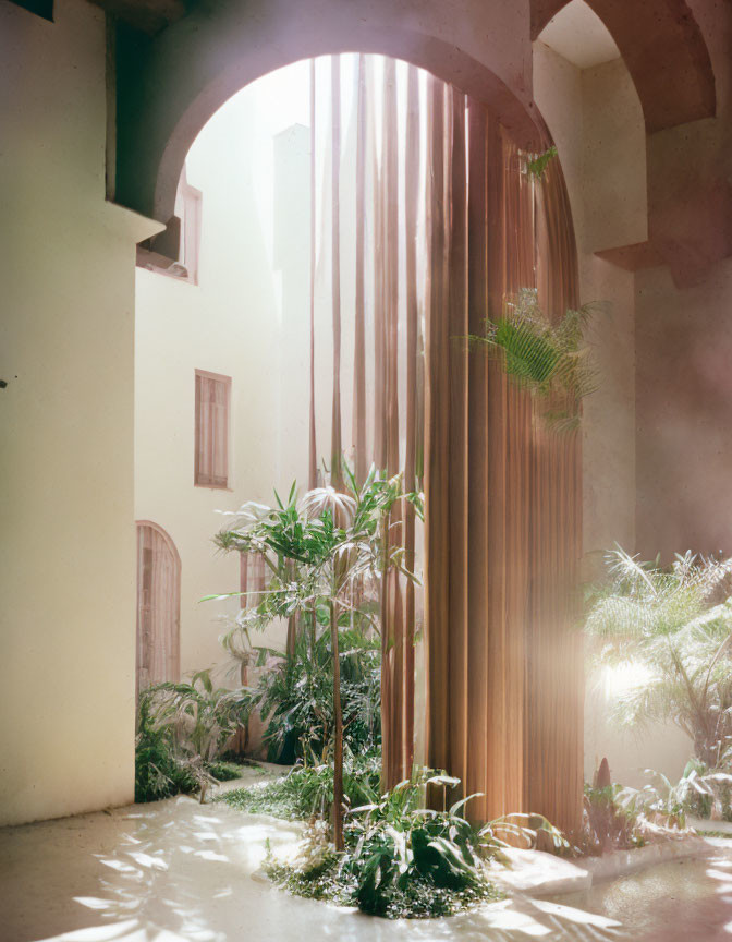 Indoor garden with green plants and arched doorway in sunlight