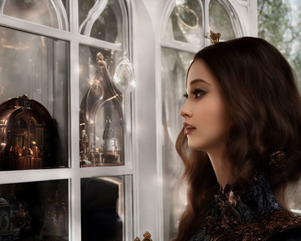 Long-haired woman in ornate dress gazes out window with elegant room reflections