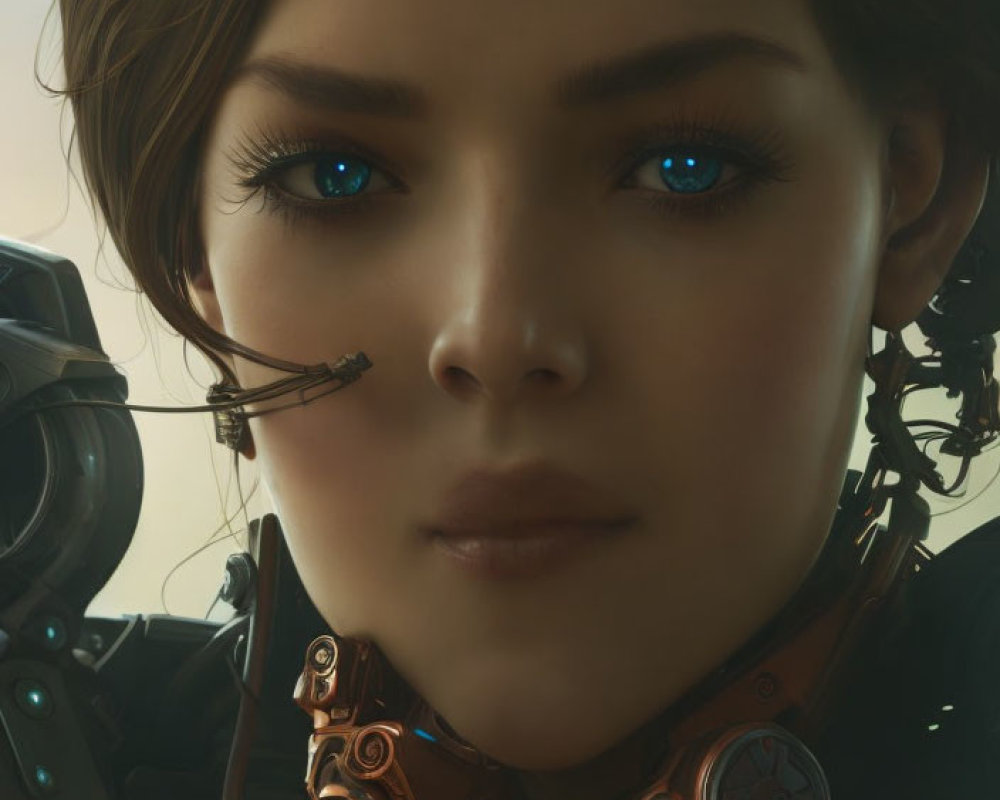 Female with Cybernetic Enhancements and Blue Eyes Close-Up with Mechanical Parts and Headset